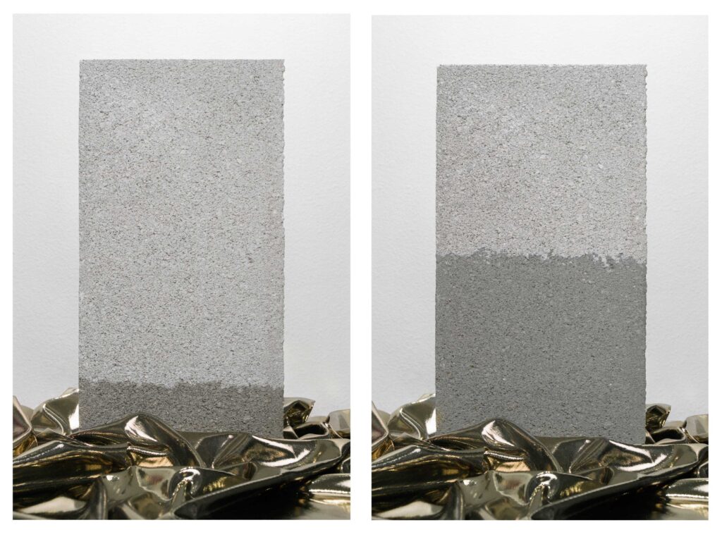 A side-by-side image of a stone block set on water, next to an image of the same block wet up to half its height.