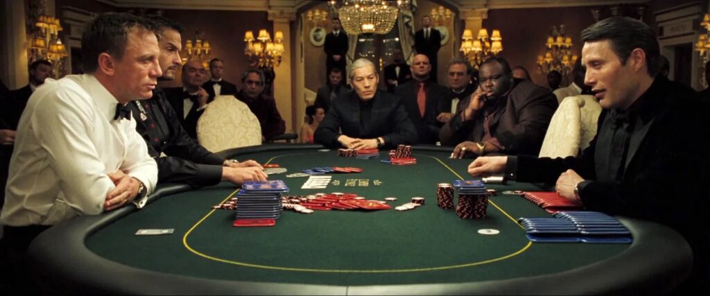 Daniel Craig as James Bond and Mads Mikkelson as Le Chiffre play poker in Casino Royale.