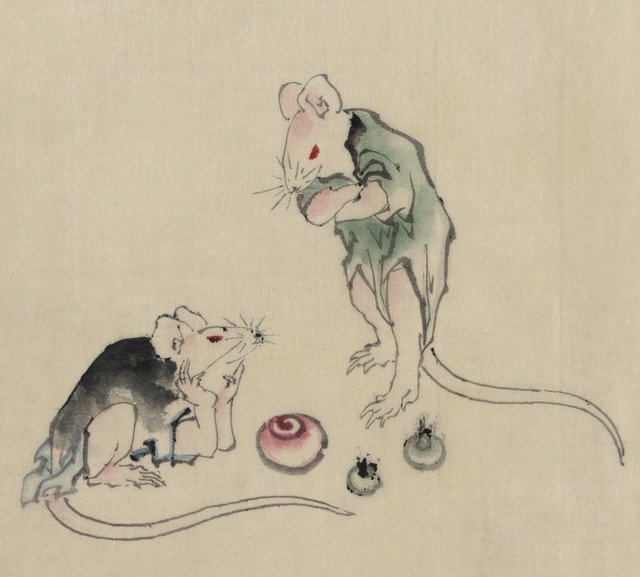Two mice, one lying on the ground with head resting on forepaws, the other is standing on hind legs with forepaws crossed, they are looking at each other, with three bells on the ground.