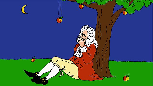 A cartoon of Isaac Newton watching an apple fall from a tree.