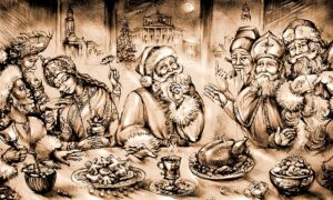 A sepia-toned drawing of santa at a feast table, surrounded by people in royal or religious headgear. He's holding his fingers over his lips, like he's asking you to keep a secret.