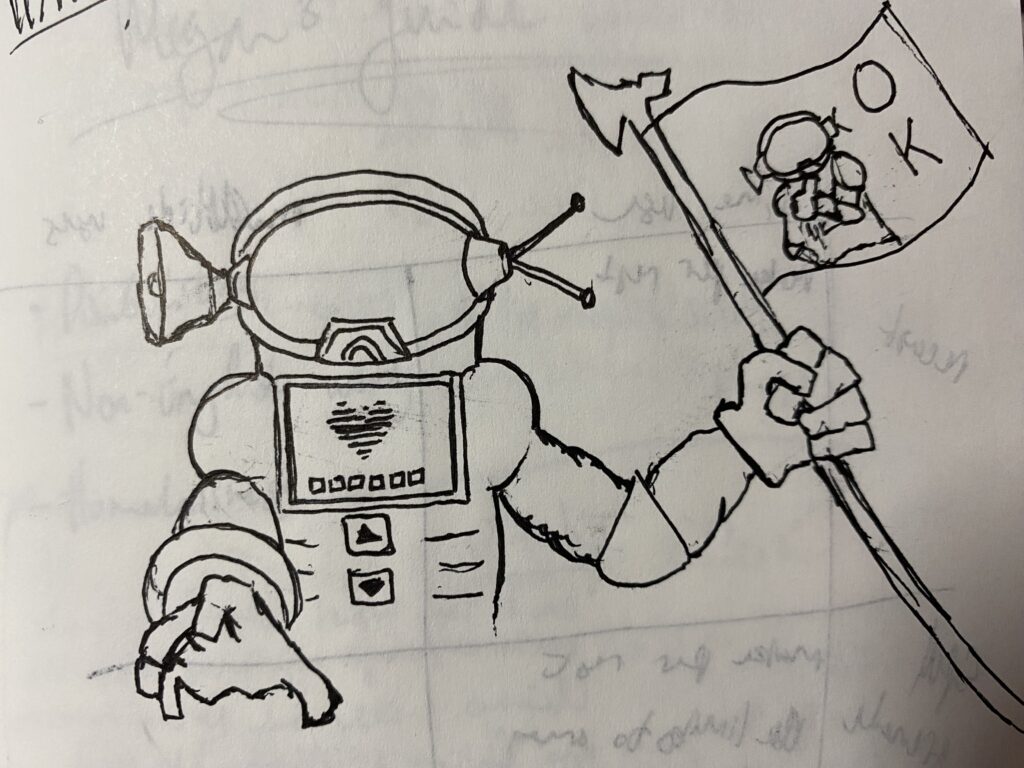 Pen drawing of an astronaut with a screen on his chest, displaying a heart. He carries a flag with his own picture on it, with text reading "OK."