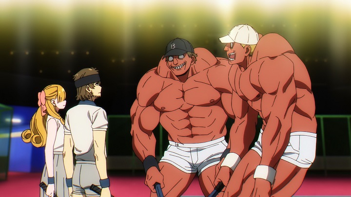 A man and a woman in tennis gear stare down two hulking, enraged players in short shorts, from the Spy x Family anime.