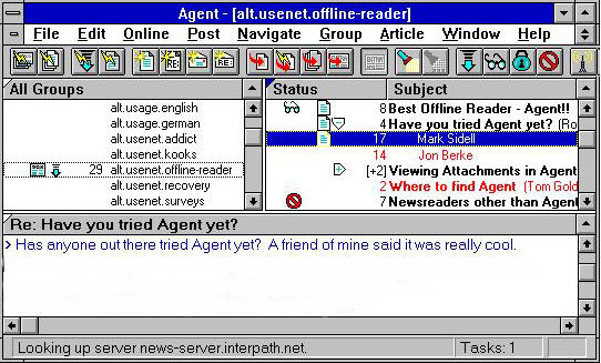 An old Usenet window reading "Agent - [alt.usenet.offline-reader]." A text box at the bottom reads, "Re: Have you tried Agent yet? Has anyone out there tried Agent yet? A friend of mine said it was really cool."