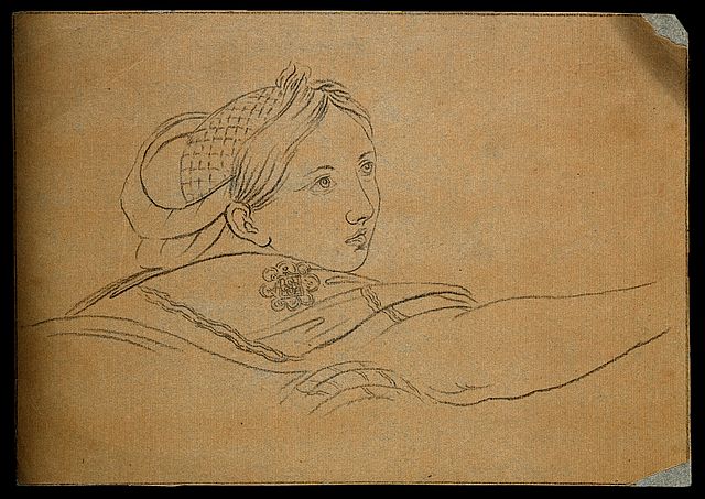 Drawing of a woman looking at something out of frame.