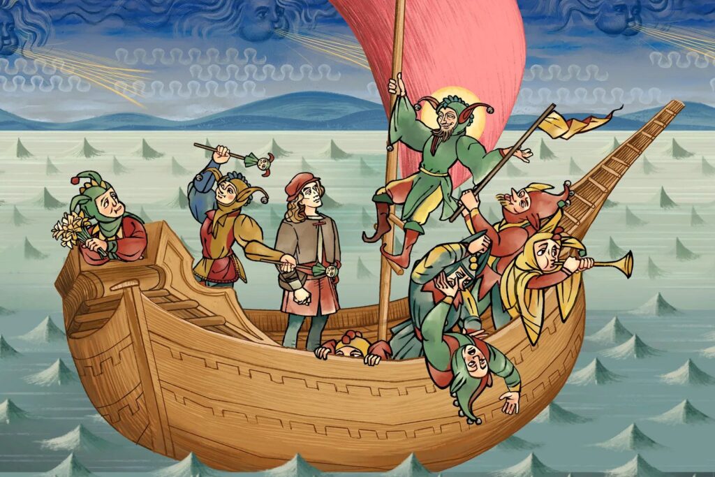 A screenshot from Pentiment in which a man in medieval artist's clothes and a red hat looks up at a jester. Numerous other figures in jester clothing climb around the sailing ship.