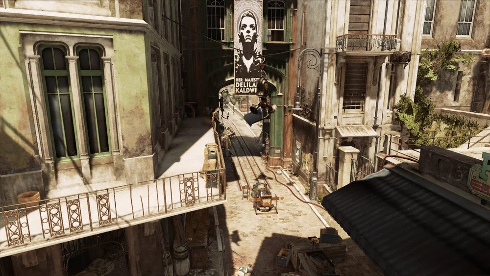 An early level of Dishonored 2. A security checkpoint is overhung with a banner reading "Her Majesty Delilah Kaldwin."